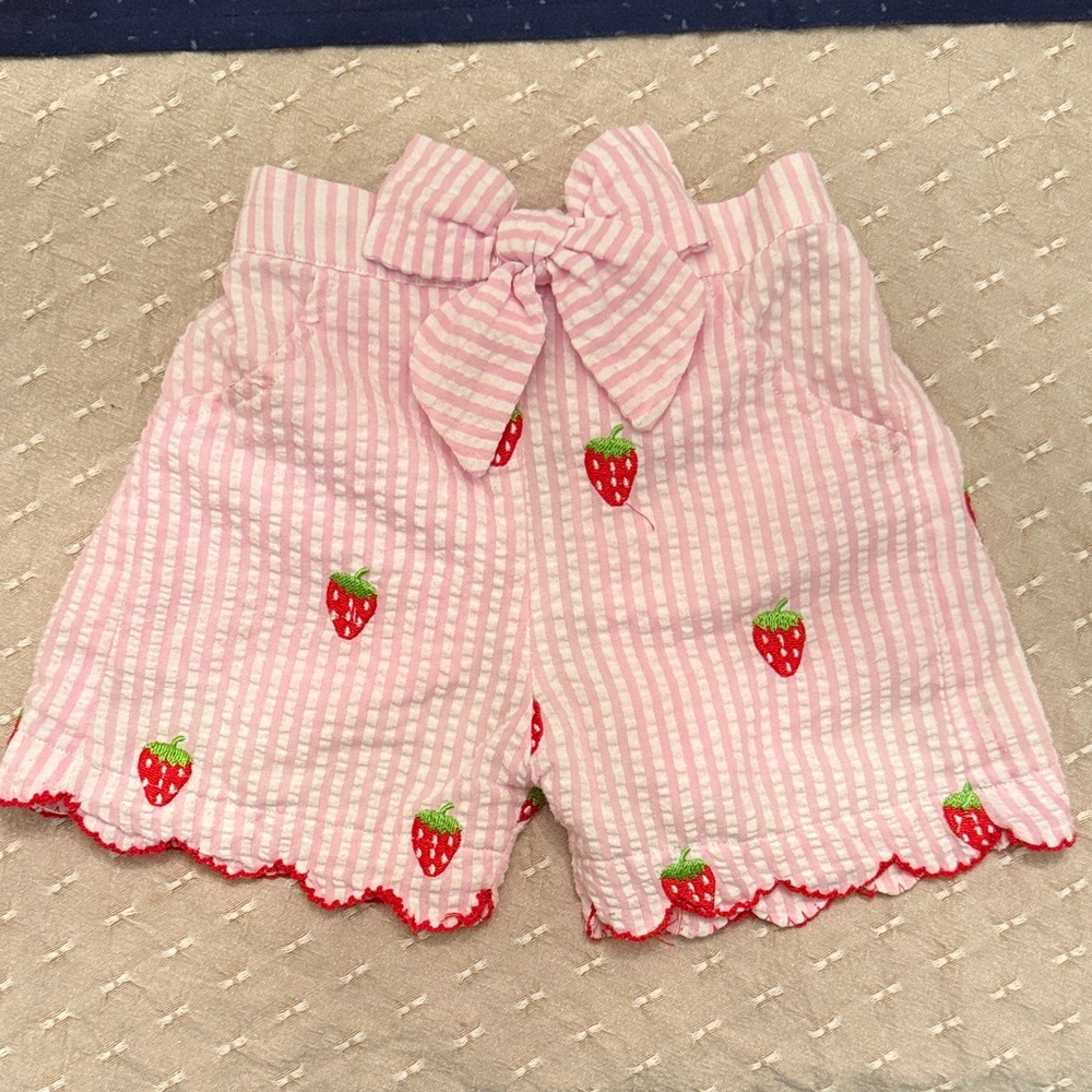 Pink Striped Shorts with Strawberry Embroidery